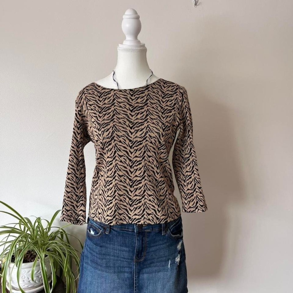 Vintage Y2k Laura Petites Animal Print 3/4 Sleeve Shirt Womens Sz PM Brown 90s